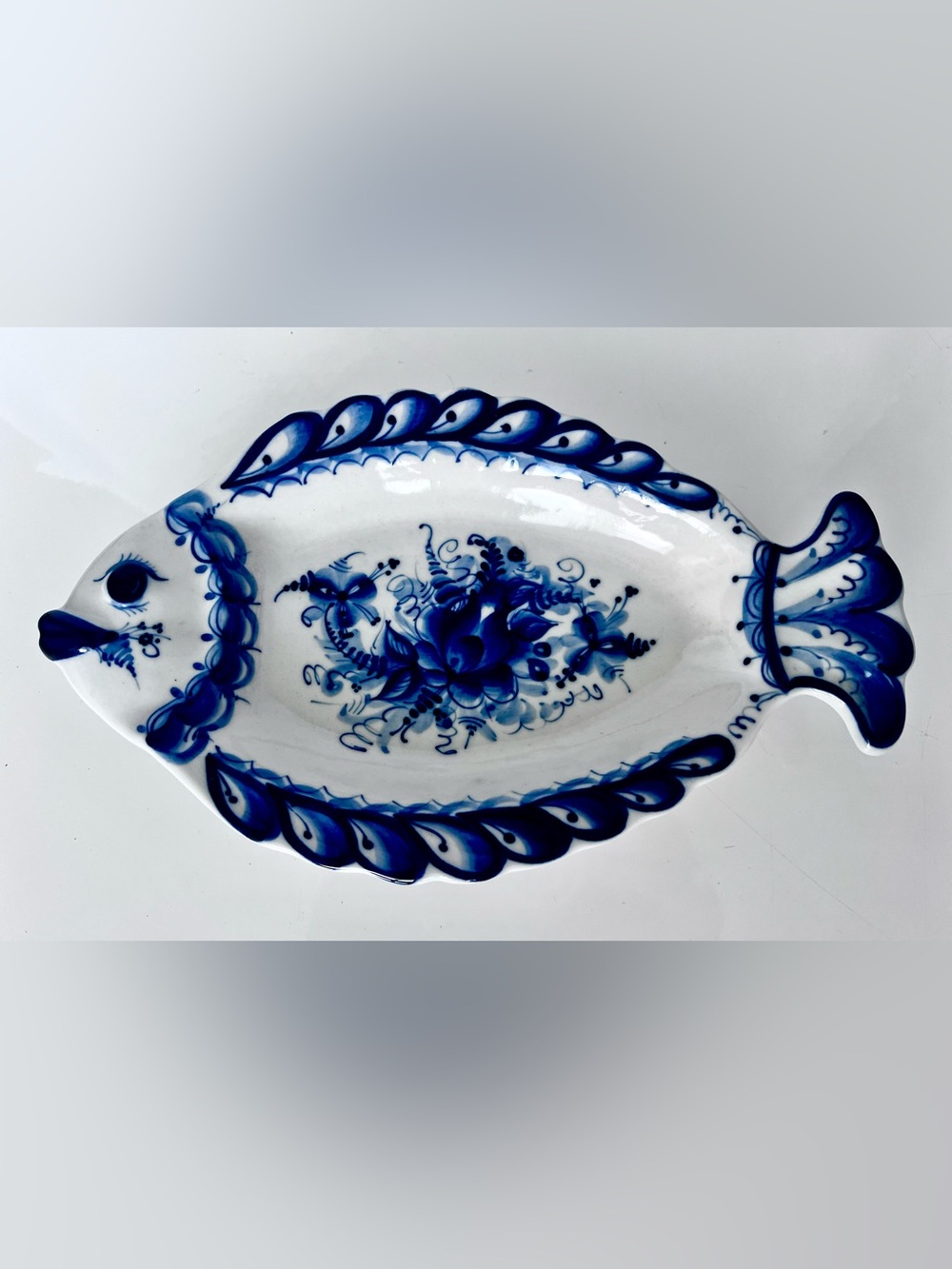 Vintage Gzhel Fish Serving Platter – Hand-Painted by Olya Sirotkin